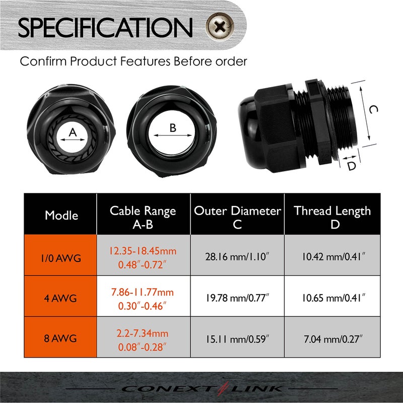 Conext Link Conextlink 5pcs Waterproof IP68 Nylon Firewall Bushing Grommet Cable Gland Joint Adjustable Locknut Protectors for Power Cable (1/0 Gauge, Black) - Image 3